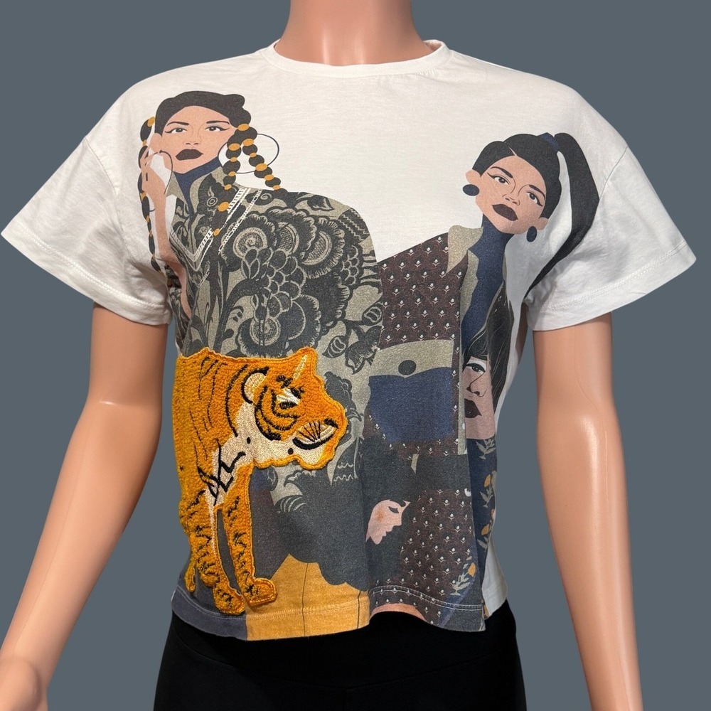 Khaadi Womens XS White Graphic Tee Embroidered Tiger Patch Abstract Portrait